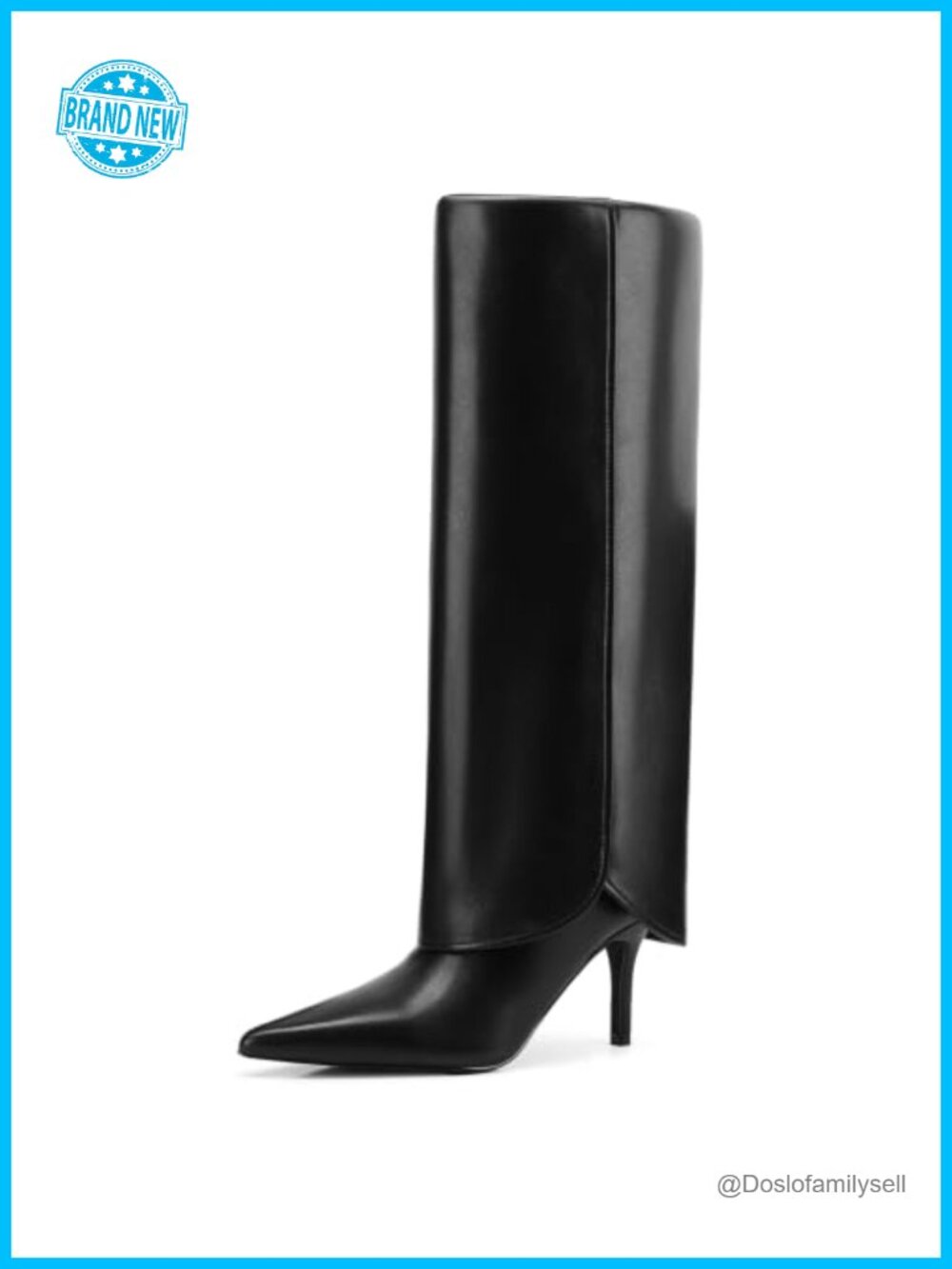 Pointed Toe Knee High Stiletto Boots Faux Leather Fold Over Slouch